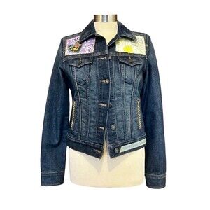 Jean Jacket Old Navy Classic Blue Denim Floral Patches Embroidered Womens Small